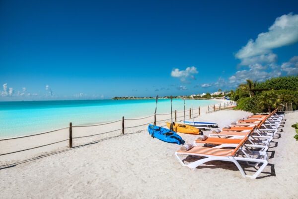 Beach loungers, kayaks, and paddleboards