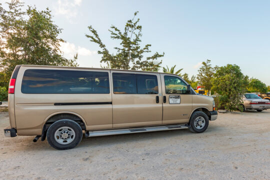 Gold taxi van parked on a dirt road