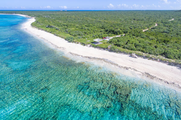 Aerial view of the beach access and pavilion at Malcolm's Road Beach