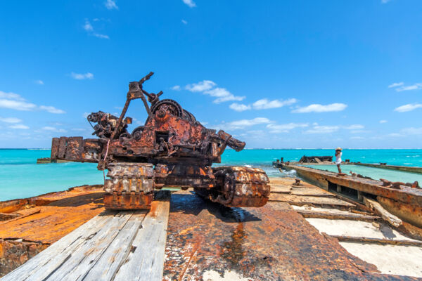 Decaying crane and barge at Nongatown Landing on Middle Caicos