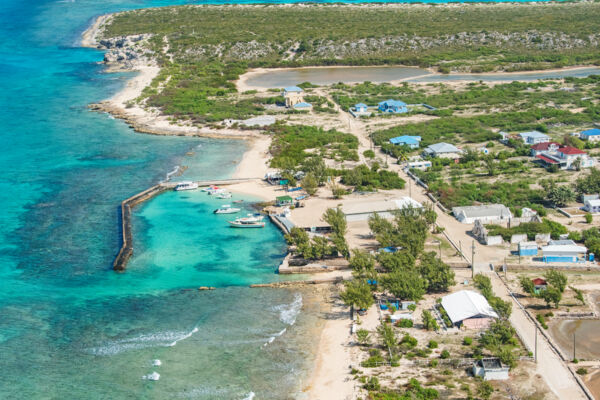 Aerial view of Deane's Dock and North District on Salt Cay