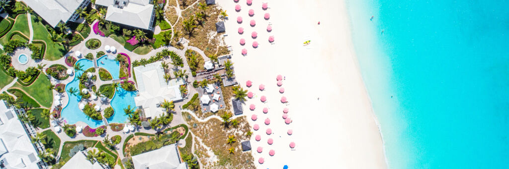 Aerial view of Ocean Club West resort on Grace Bay Beach in the Turks and Caicos