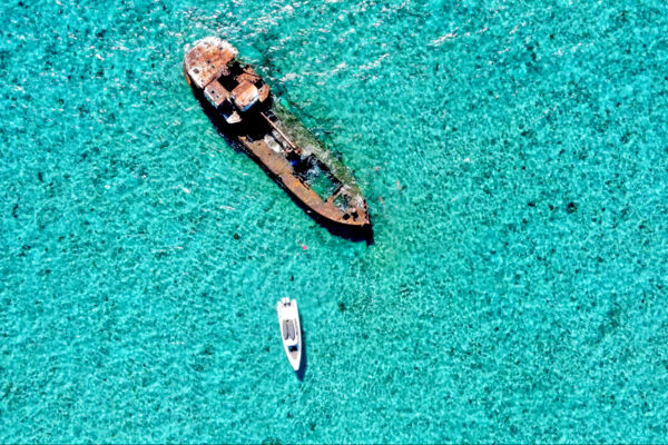 aerial view of Axopar yacht at a shipwreck in the Turks and Caicos