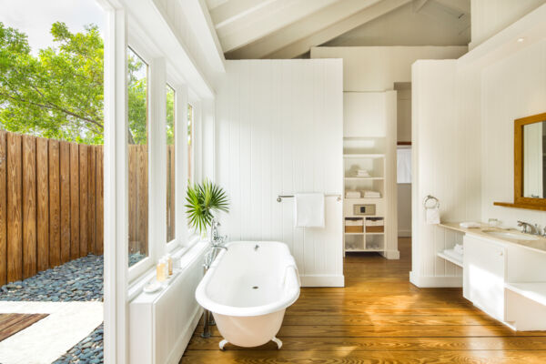 Bathroom and outdoor shower in a luxury villa