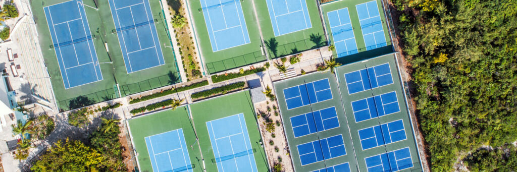 Aerial view of tennis courts and pickleball courts