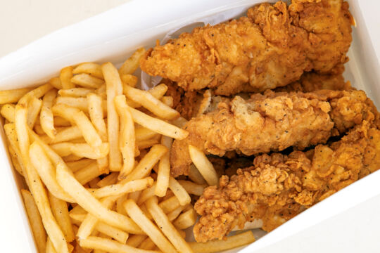 Fried chicken strips with fries from Pizza Pizza.