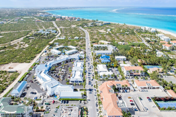 Aerial view of Saltmills Plaza and Regent Village in Grace Bay, Turks and Caicos