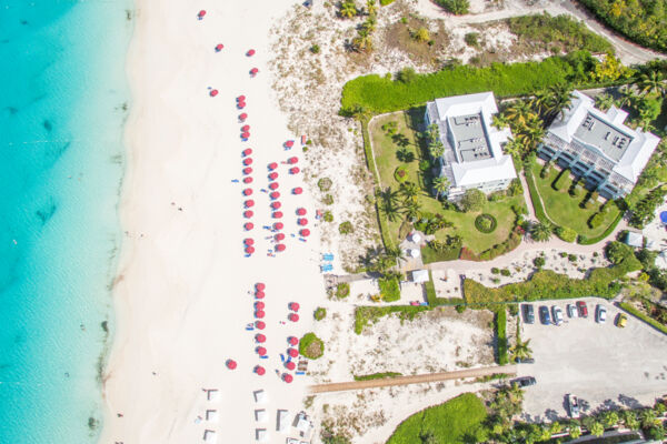 Overhead view of Grace Bay Beach and the Royal West Indies Resort