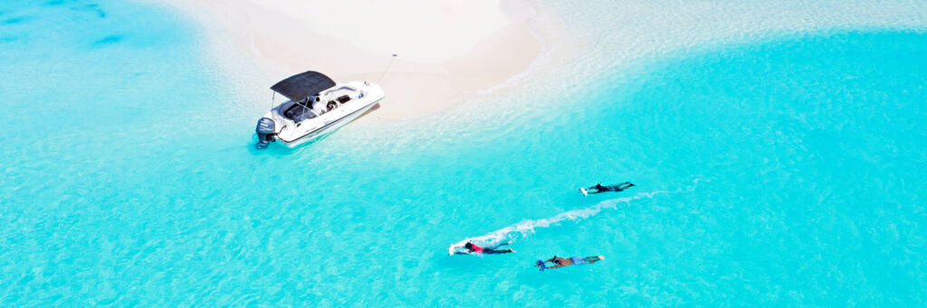Aerial view of sea scooters and boat in Turks and Caicos
