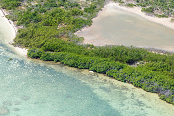 Aerial view of the east coast of Sail Rock Island in the Turks and Caicos