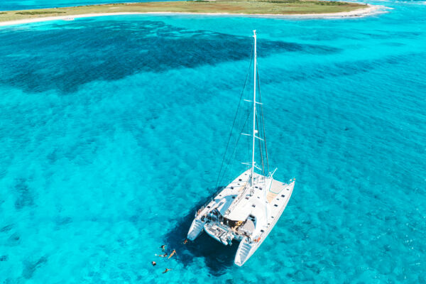 Aerial view of sailing yacht at French Cay in the Turks and Caicos