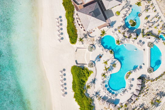 Aerial view of the pool and beach at Salterra, South Caicos. 