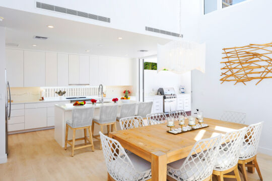 Interior kitchen and dining room of a villa. 