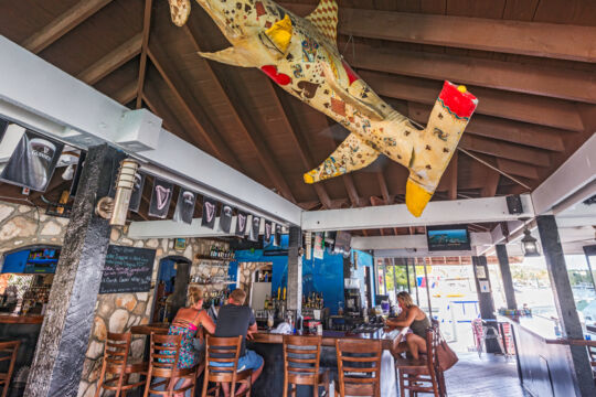 Casual interior of Sharkbite Restaurant and paper-mache shark