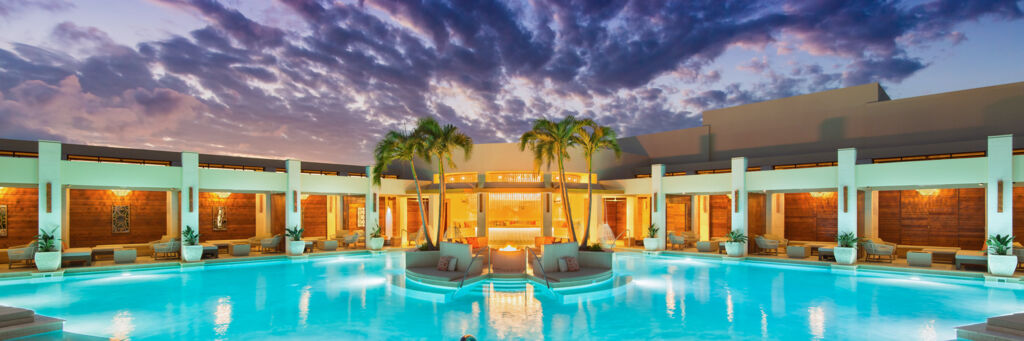 The beautiful swimming pool at the Shore Club at sunset