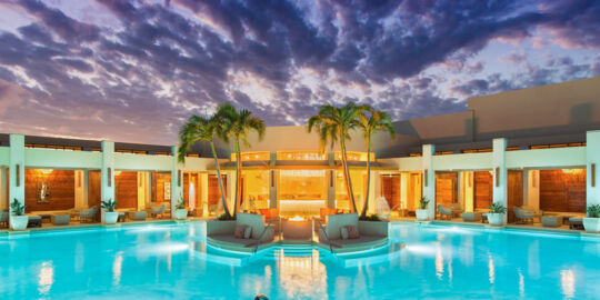 The beautiful swimming pool at the Shore Club at sunset