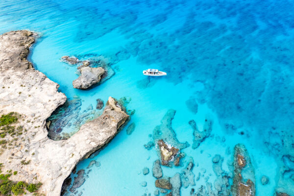 Aerial view of a boat at the West Caicos Marine National Park