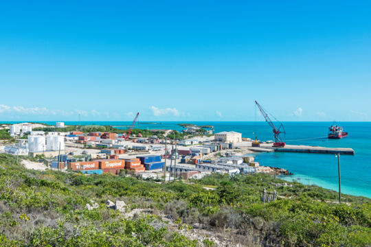 The busy oceanfront shipping port of South Dock, Providenciales