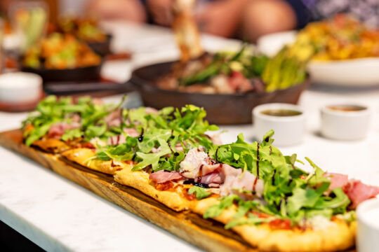 Prosciutto flatbread pizza.