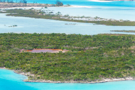 Cay with tropical dry forest surrounded by turquoise water 