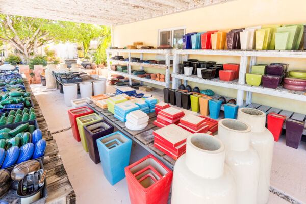 Colorful ceramics and pots for sale at Sunshine Nursery