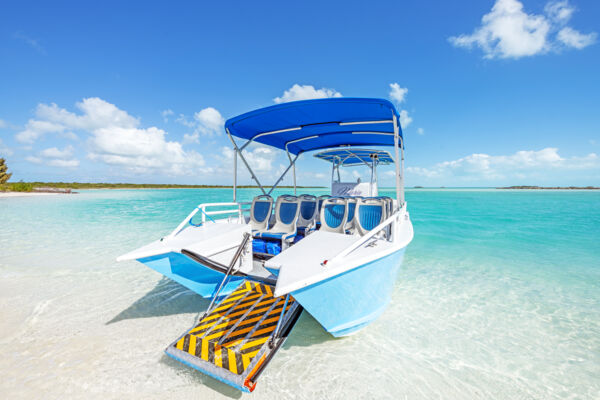 A cruising boat with a safety ramp at a beach in Turks and Caicos. 