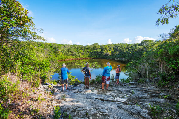 Tourists exploring a blue hole surrounded by vegetation in Turks and Caicos. 