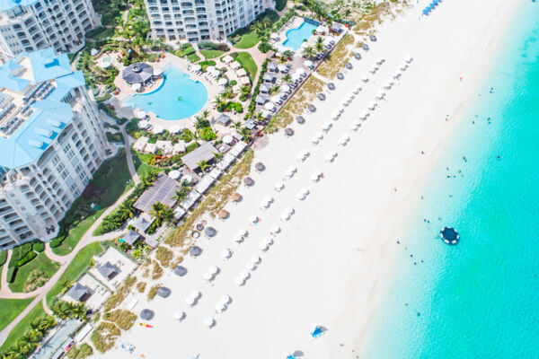 Aerial view of The Deck restaurant at Seven Stars Resort on Grace Bay Beach