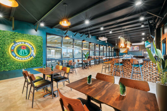 Interior of a brewery's restaurant and taproom. 