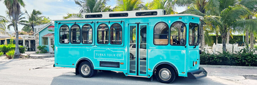 A San Francisco-style trolley bus in Turks and Caicos.