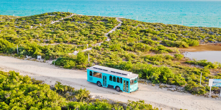 A San Francisco-style trolley bus in Turks and Caicos.