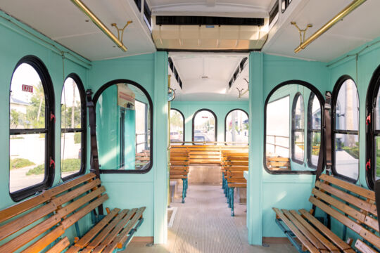 Inside of a vintage trolley tour bus in Turks and Caicos.
