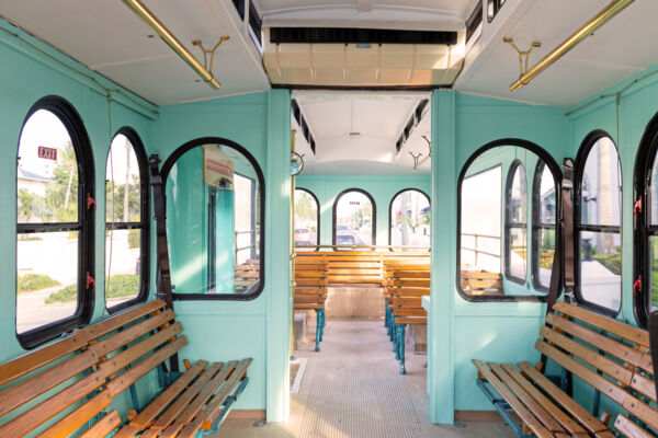 Inside of a vintage trolley tour bus in Turks and Caicos.